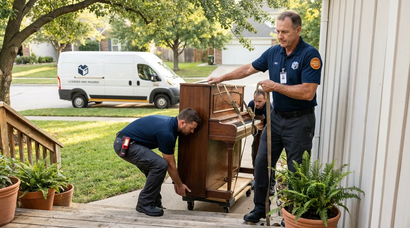 Licensed piano movers securing grand piano in Landisville, PA