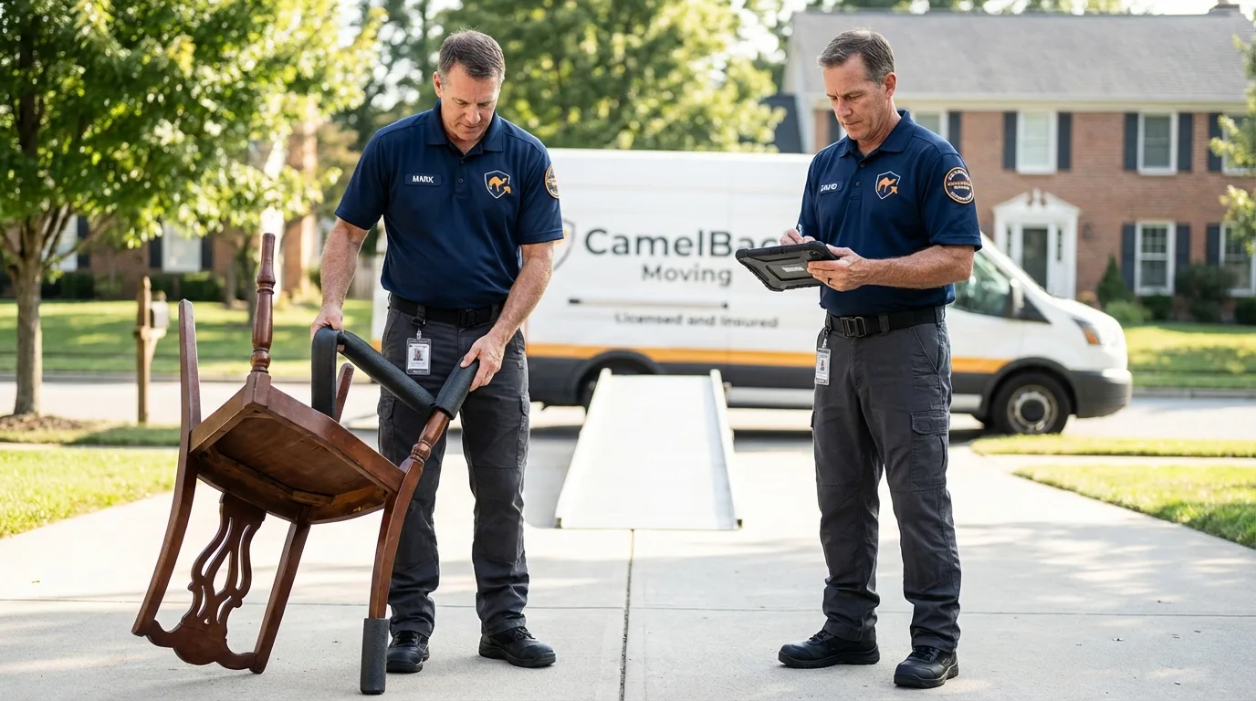 Movers inspecting furniture for damage prevention before loading in Landisville, PA