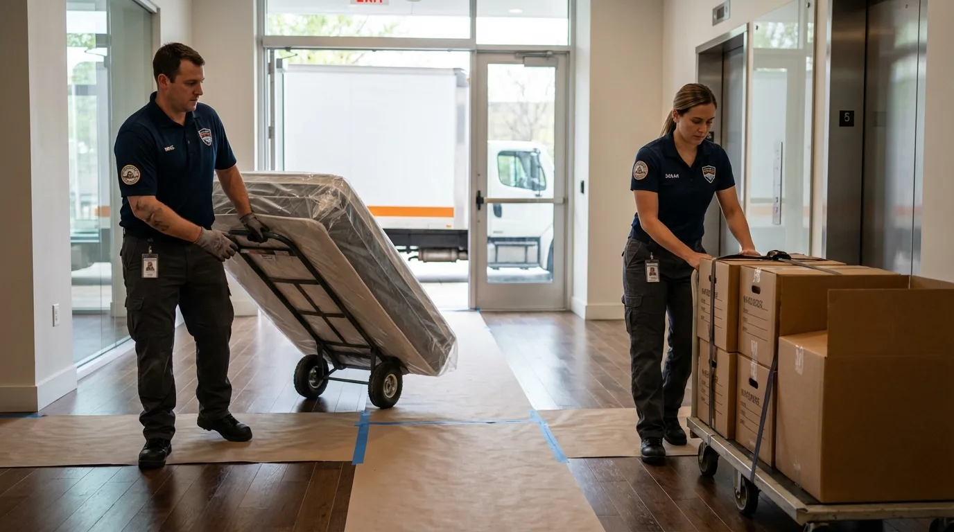 Professional apartment movers loading elevator in Landisville, PA