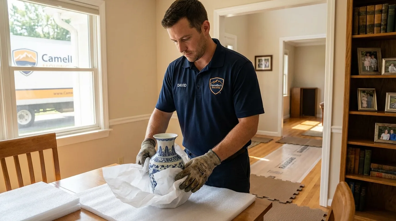 Professional crew carefully wrapping antique vase for senior downsizing move in Landisville, PA